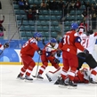 GANGNEUNG, SOUTH KOREA - FEBRUARY 24: Canada's Andrew Ebbett #19 and Mason Raymond #21 celebrate after a first period goal against the Czech Republic's Pavel Francouz #33 while Martin Erat #91, Vojtech Mozik #65 and Jan Kolar #29 look on during bronze medal game action at the PyeongChang 2018 Olympic Winter Games. (Photo by Andre Ringuette/HHOF-IIHF Images)

